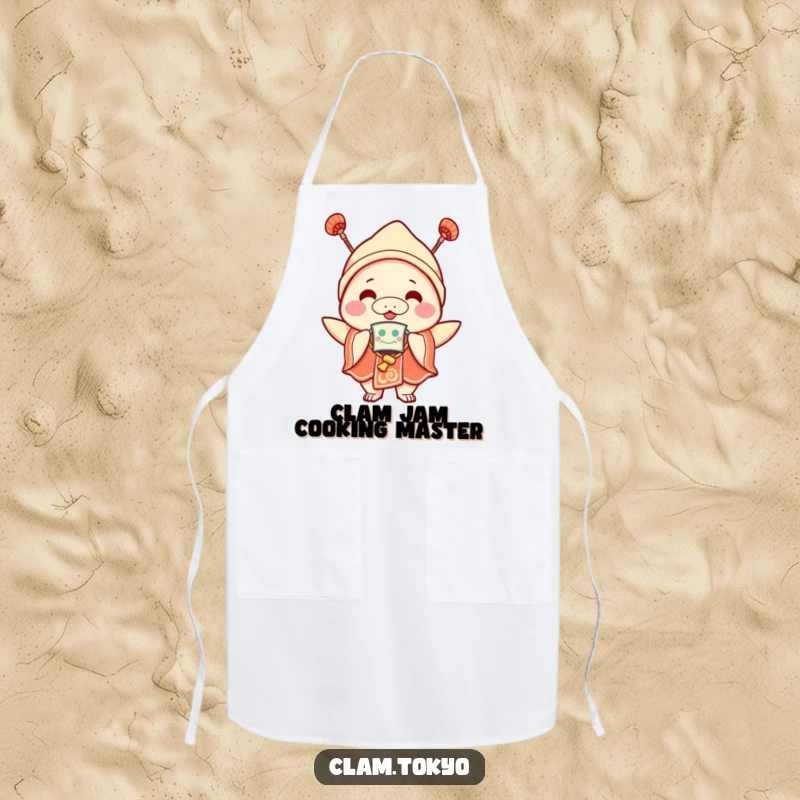 Funny Apron depicting a joyful clam character in festival clothes with a mask, a humorous and practical addition to kitchen wear.