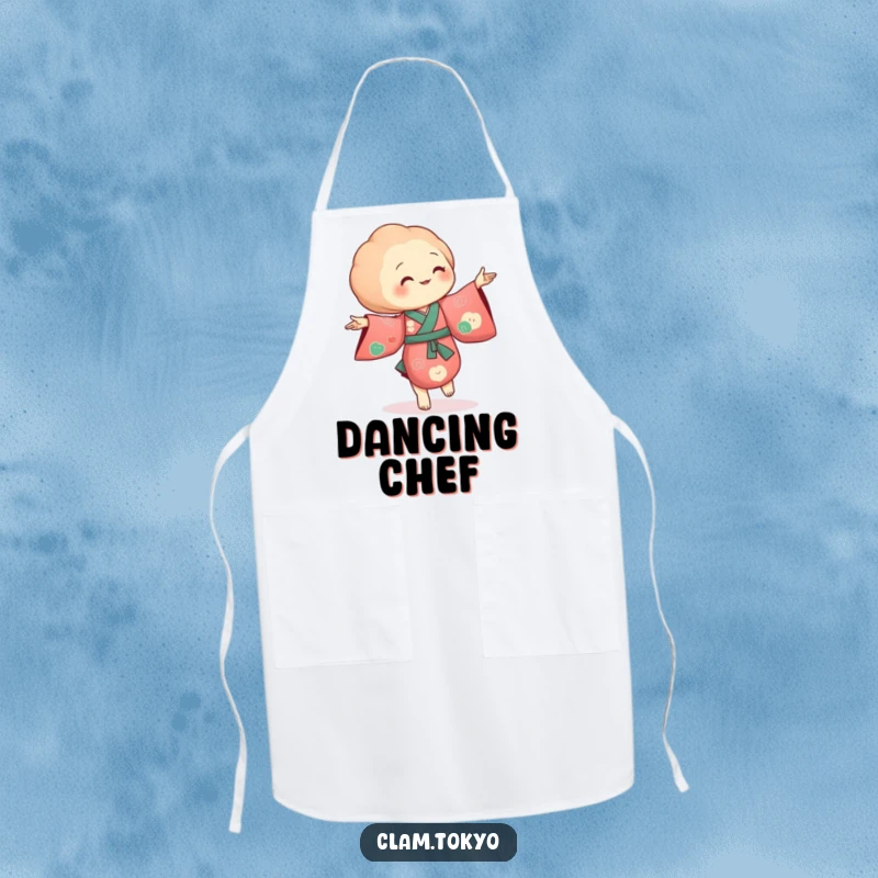 Funny Apron depicting a clam in a richly colored kimono, dancing with tiny, flowing movements.