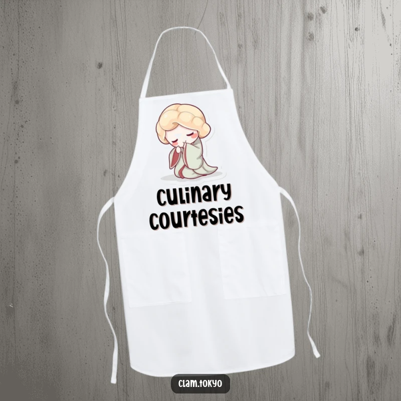 Funny Apron featuring a clam in a flowing kimono, gracefully bowing its shell while prepping food.