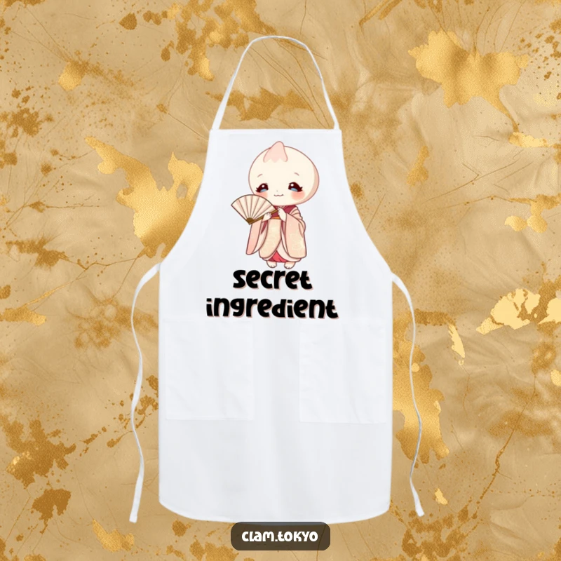 Funny Apron depicting an elegant clam in a kimono, playfully peeking from behind a paper fan.