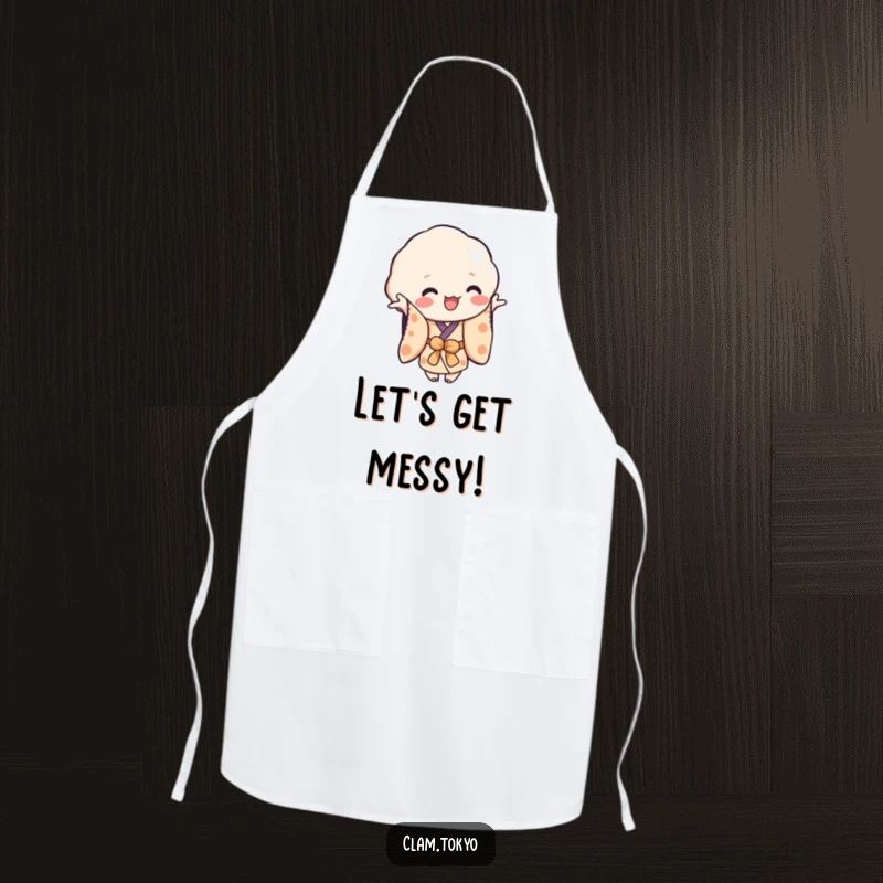 Funny Apron depicting a playful clam character in a simplified kimono, reaching out, a humorous and practical addition to kitchen wear.