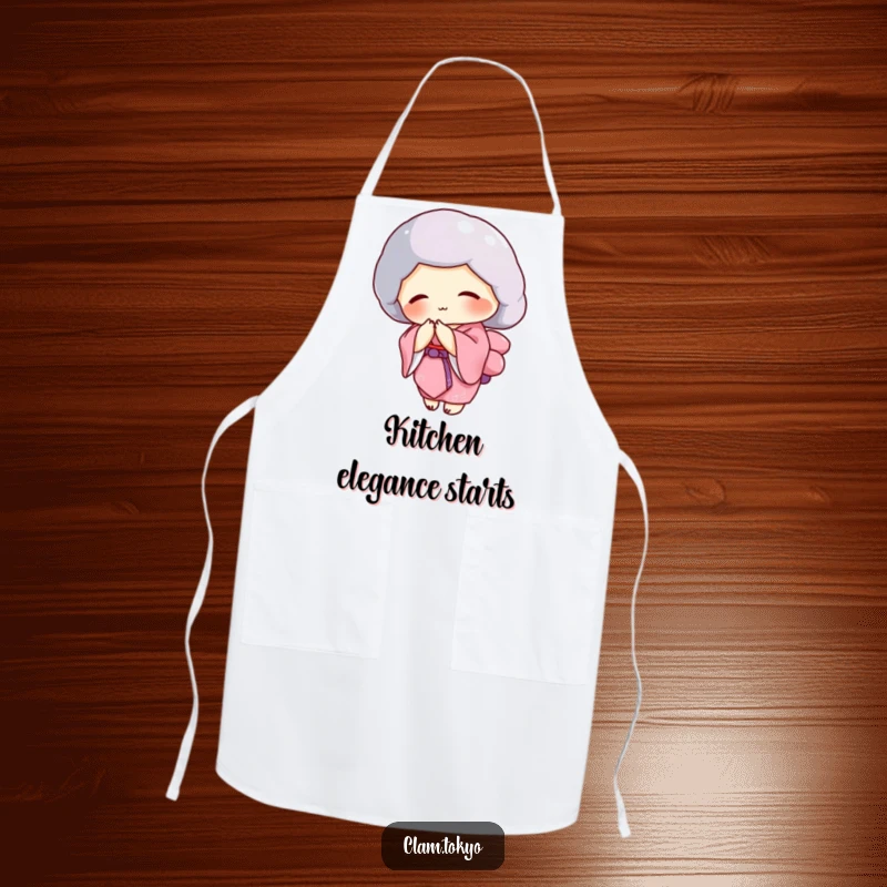 Funny clam in a pink kimono bowing gracefully on a kitchen apron, elegant and humorous.