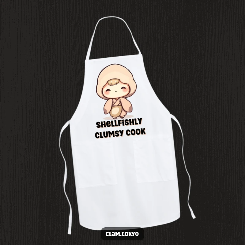 Funny Apron depicting a shy clam character in a muted kimono, peeking out, a humorous and practical kitchen accessory.