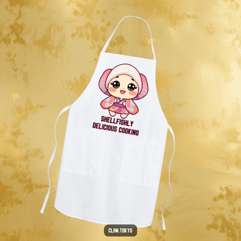 Funny Apron illustrating a small clam in a vibrant, patterned kimono with wide, cheerful, happy eyes while cooking.