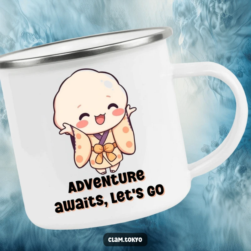Funny Camping Mug showing a playful clam character in a simplified kimono, reaching out, durable for outdoor use with a humorous, friendly design.
