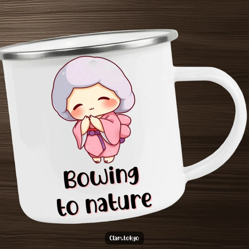 Funny clam in a pink kimono bowing gracefully on a camping mug, elegant outdoor accessory.