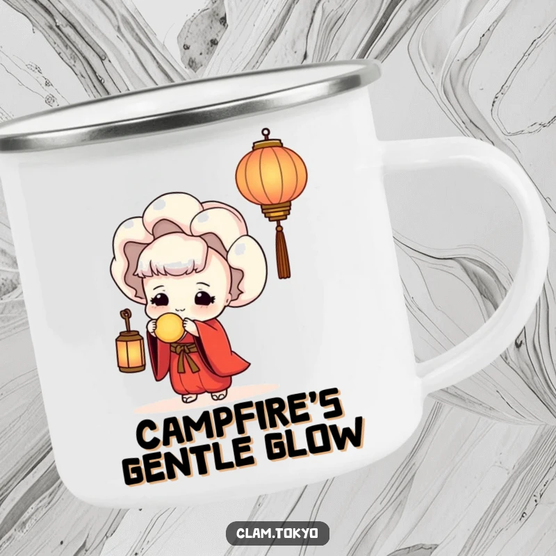 Funny Camping Mug with a serene clam in a red kimono holding a lantern, perfect for peaceful outdoor adventures and humorous moments.