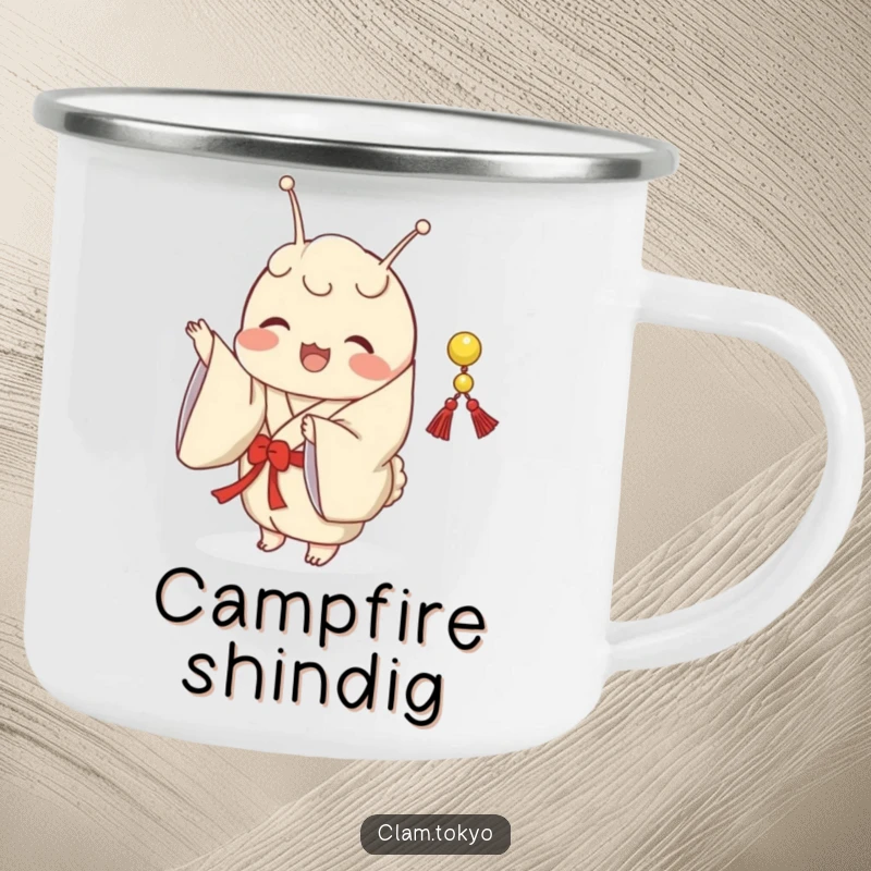 Funny Camping Mug showing a clam in a classic kimono, joyfully shaking a small, decorative string.