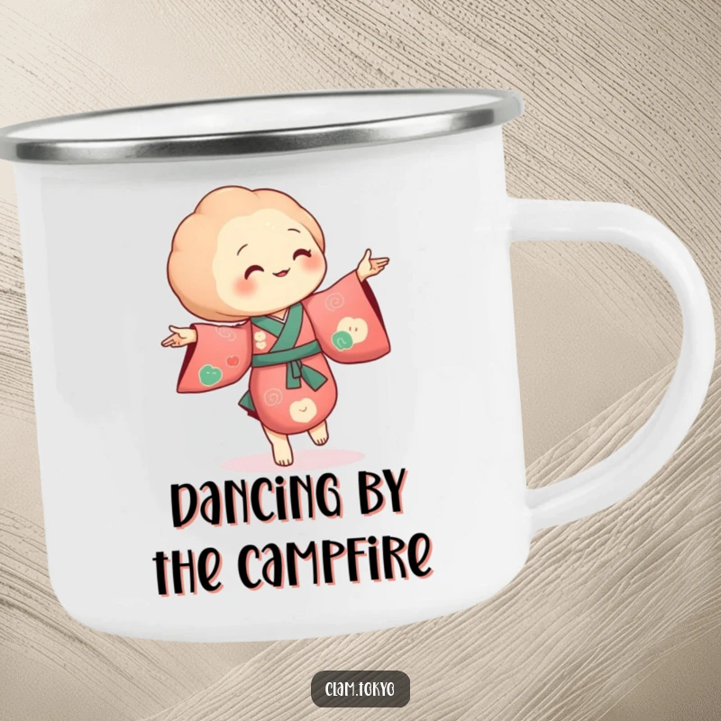 Funny Camping Mug showing a clam in a richly colored kimono, dancing with tiny, flowing movements.