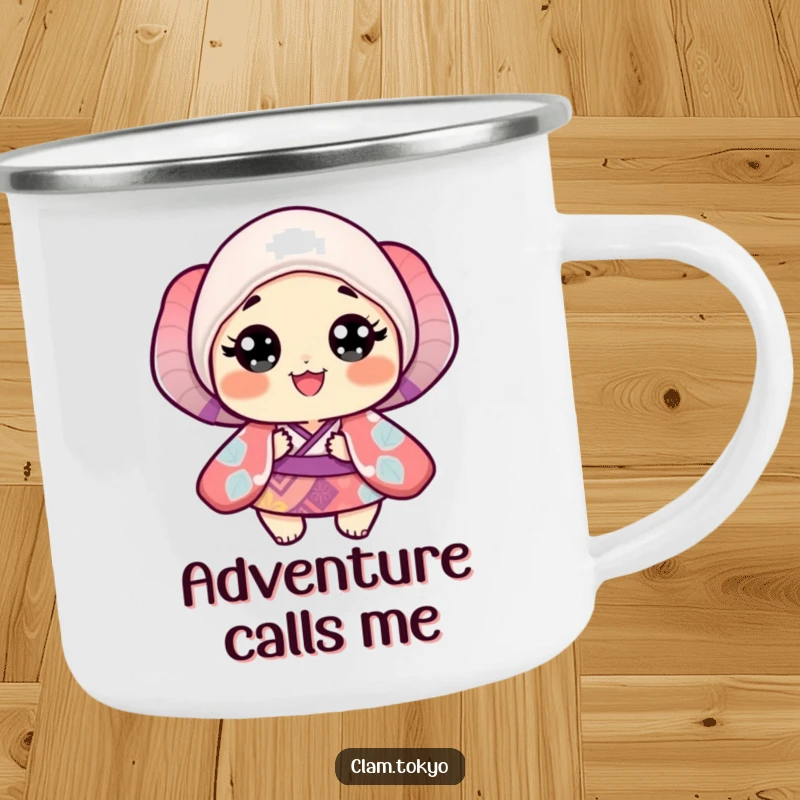 Funny Camping Mug featuring a small clam in a vibrant, patterned kimono with wide, happy, adventurous eyes.