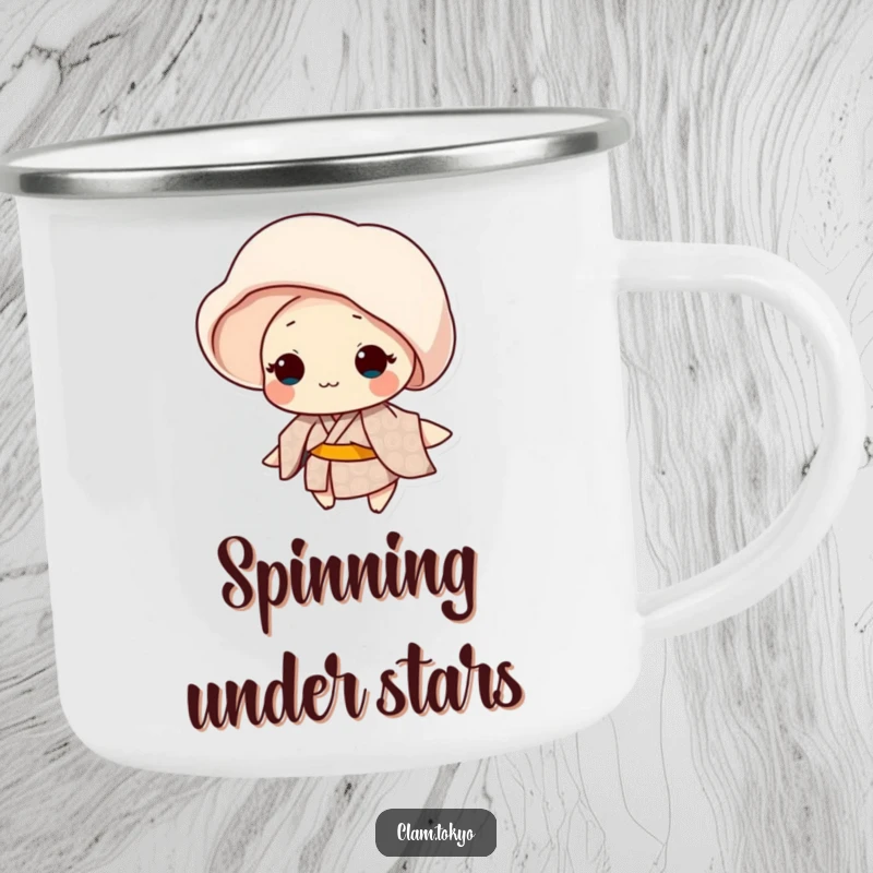 Funny clam in a patterned kimono gently spinning on a camping mug, elegant outdoor accessory.