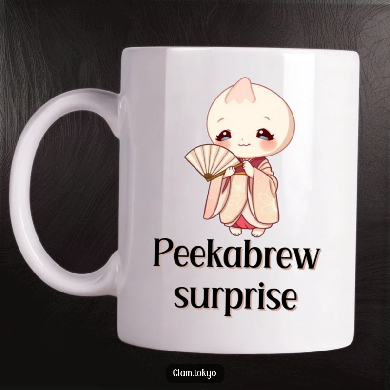 Funny Mug showing an elegant clam in a kimono, playfully peeking from behind a traditional paper fan.