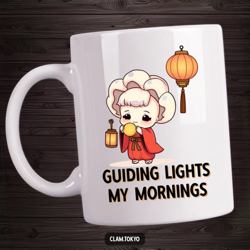 Funny Mug featuring a serene clam character in a red kimono holding a glowing lantern, offering a peaceful yet humorous visual for gifting.