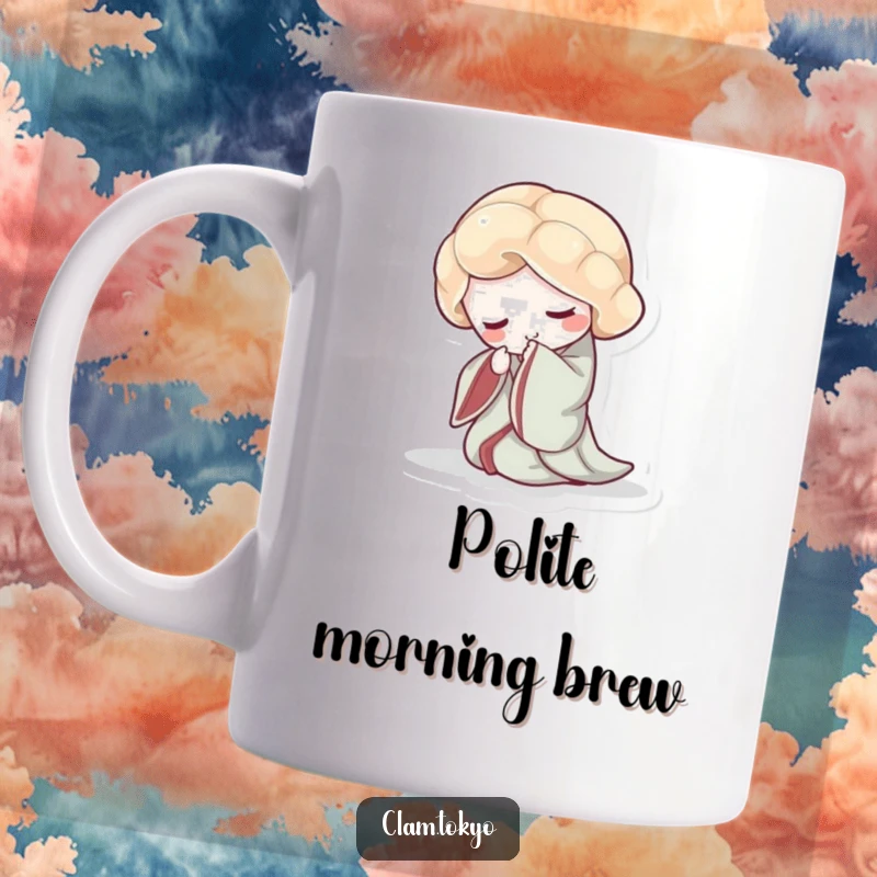 Funny Mug showing an elegant clam in a flowing kimono, gracefully bowing its shell with serene dignity.
