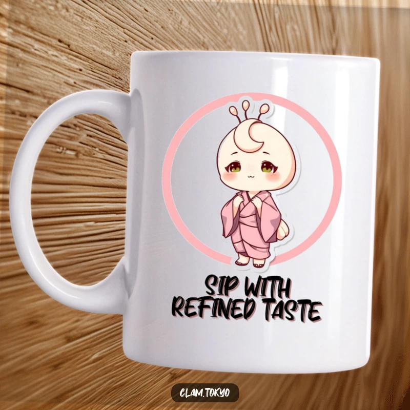Funny Mug of a sophisticated clam character in a luxurious silk kimono, posing with grace and elegance, embodying refined humor.