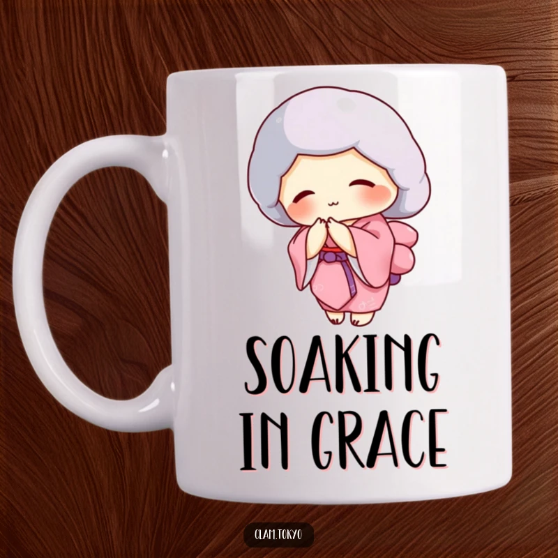 Funny clam character in a pink kimono bowing gracefully, elegant and humorous, perfect for a mug.