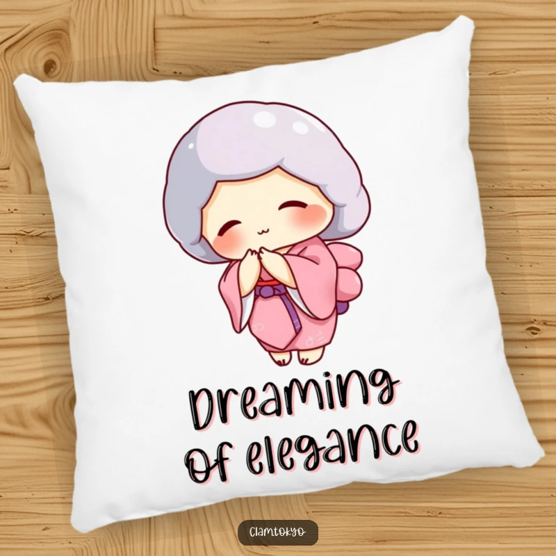 Funny clam wearing a pink kimono bowing gracefully on a pillow, elegant and chic decor.
