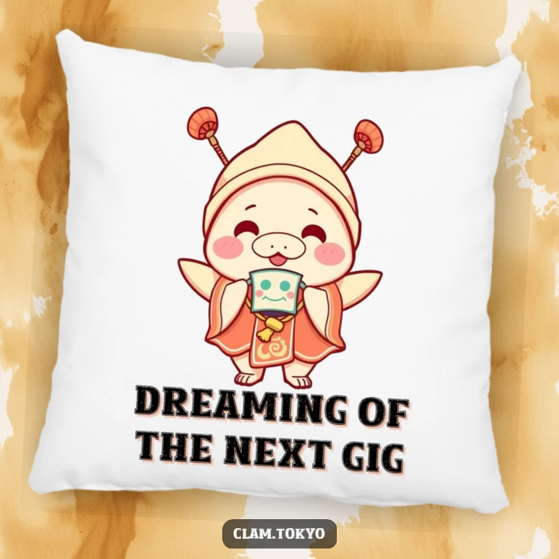 Funny Pillow showcasing a joyful clam character in festival attire with a mask, offering comfort and a festive, humorous touch.