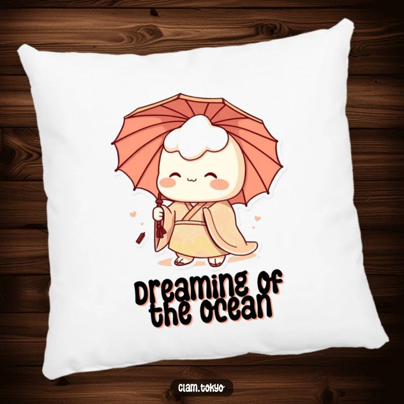 Funny Pillow designed with a regal clam character in a patterned kimono and umbrella, humorously offering sophisticated comfort.