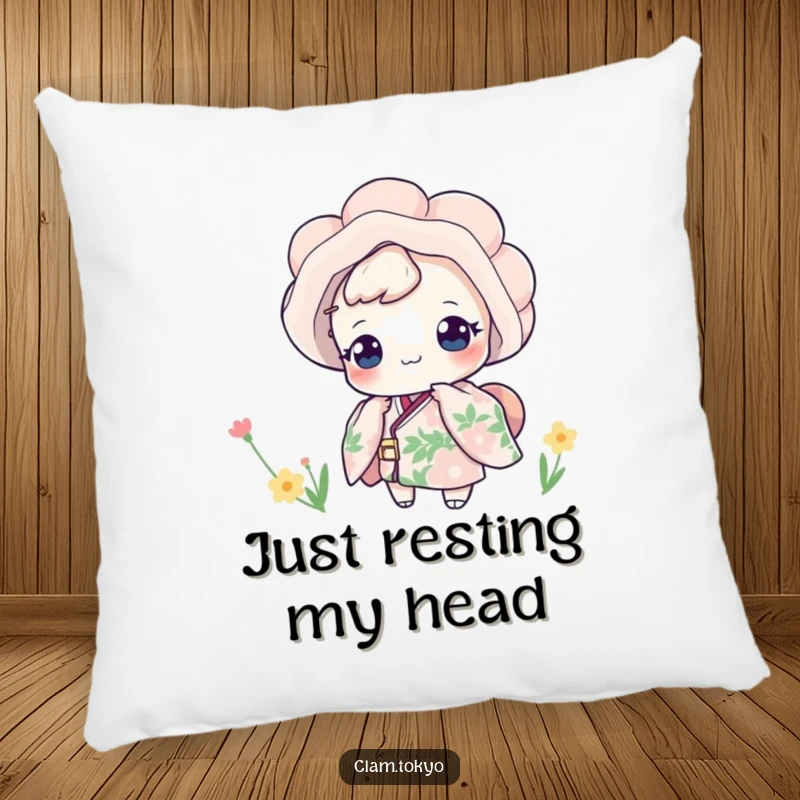Funny Pillow showcasing a clam character in a floral kimono, playfully peeking with a cute and humorous expression, perfect for adding charm.