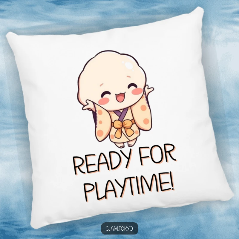 Funny Pillow showcasing a playful clam character in a simplified kimono, reaching out, offering comfort and a humorous invitation to play.