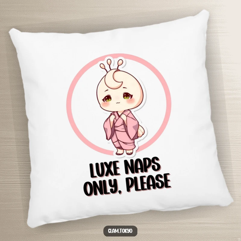 Funny Pillow showcasing a sophisticated clam character in a silk kimono, posing elegantly, offering plush comfort and humorous sophistication.