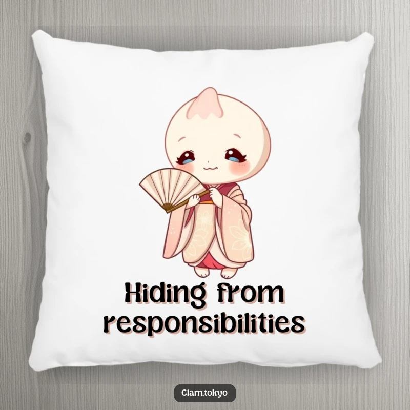 Funny Pillow showcasing an elegant clam in a kimono, playfully peeking from behind a paper fan.