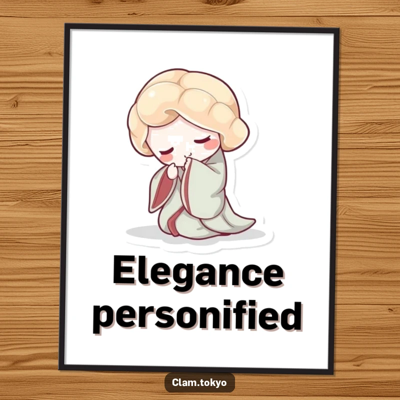 Funny Digital Art Print of a clam in a flowing kimono, gracefully bowing its shell with elegance.