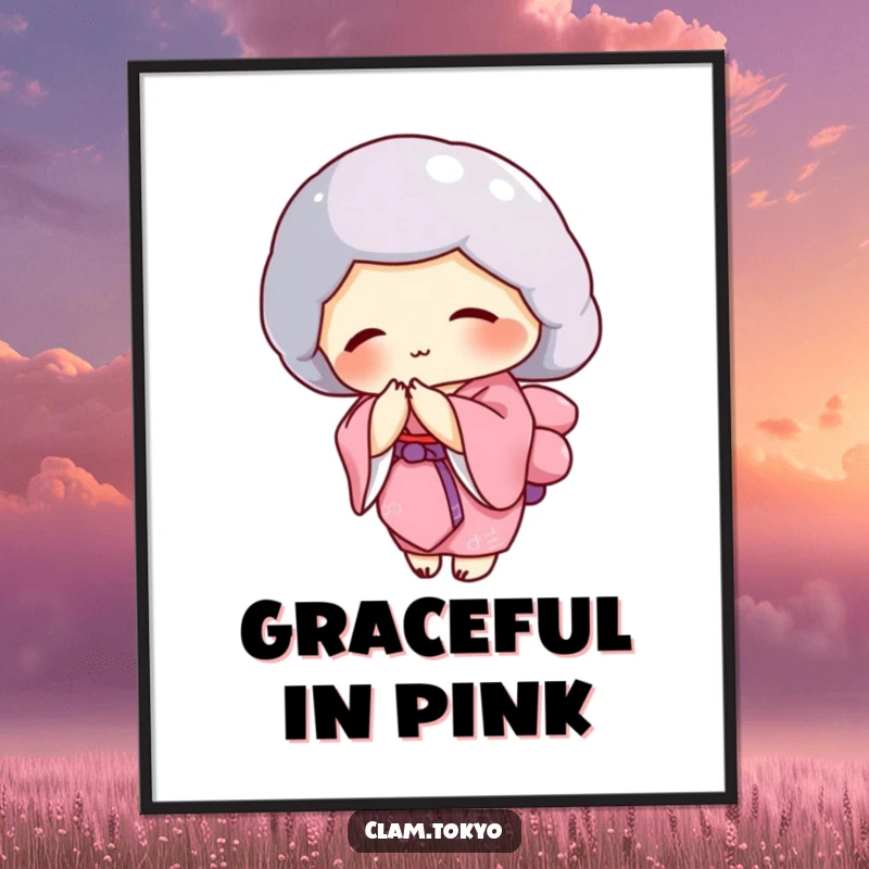 Funny clam character in a pink kimono bowing gracefully, elegant digital art print.