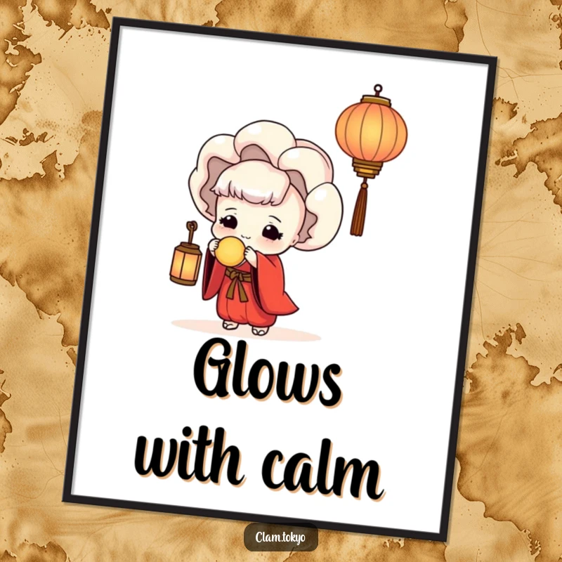 Funny Digital Art Print of a clam in a red kimono serenely holding a lantern, perfect for creating a peaceful and humorous atmosphere.