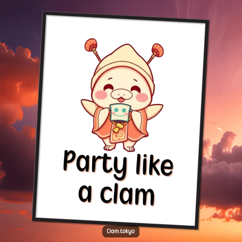 Funny Digital Art Print of a joyful clam character in festival clothes and a mask, ideal for instant, vibrant, and humorous decor.