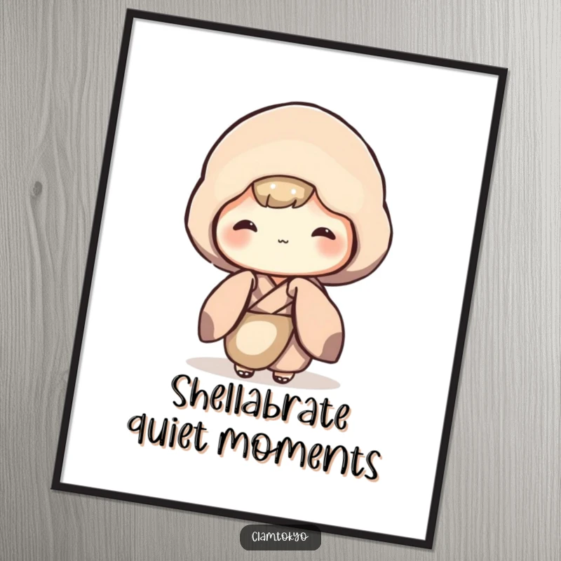 Funny Digital Art Print of a shy clam character in a muted kimono, peeking out, ideal for instant, humorous home decor.