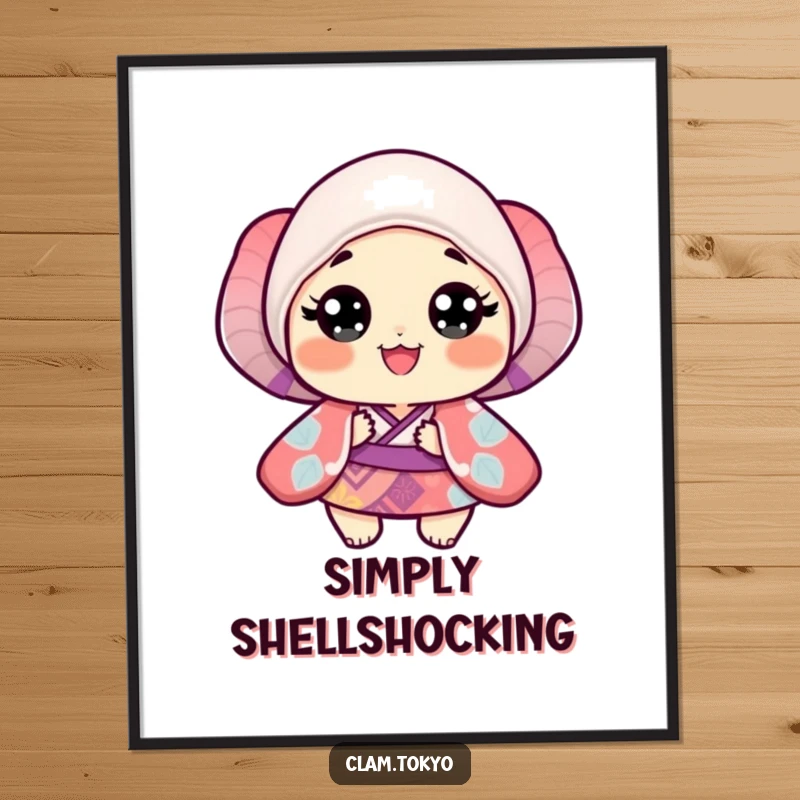 Funny Digital Art Print of a small clam in a vibrant, patterned kimono with wide, happy, joyful eyes.