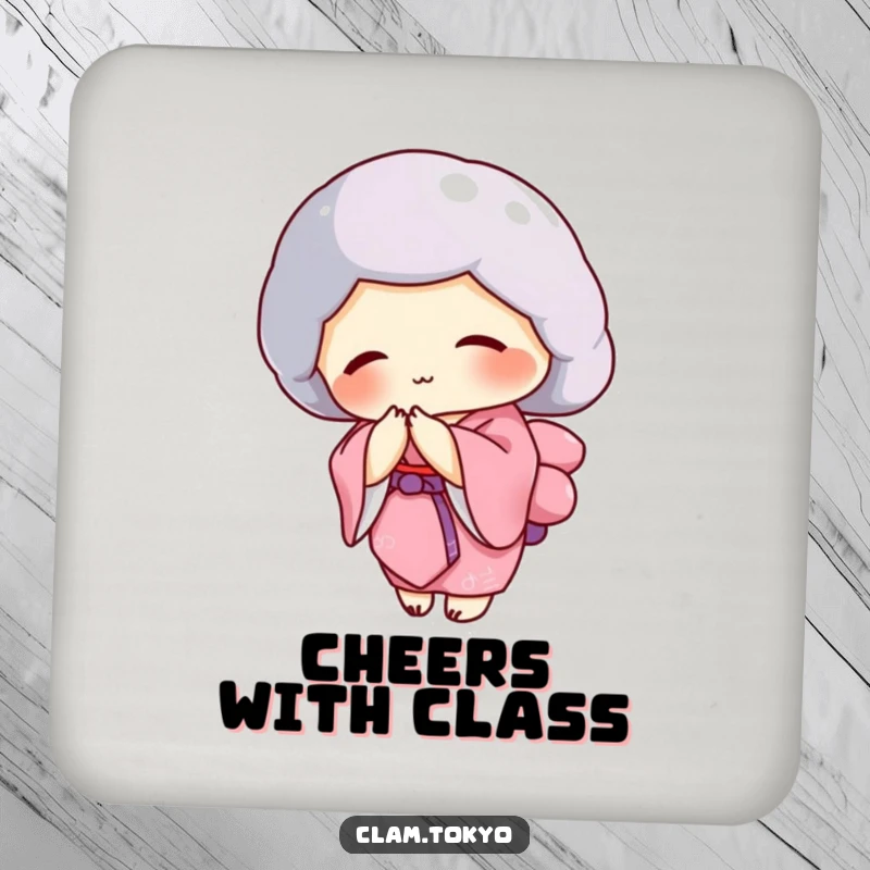 Funny clam in a pink kimono bowing gracefully on a drink coaster, elegant and protective.