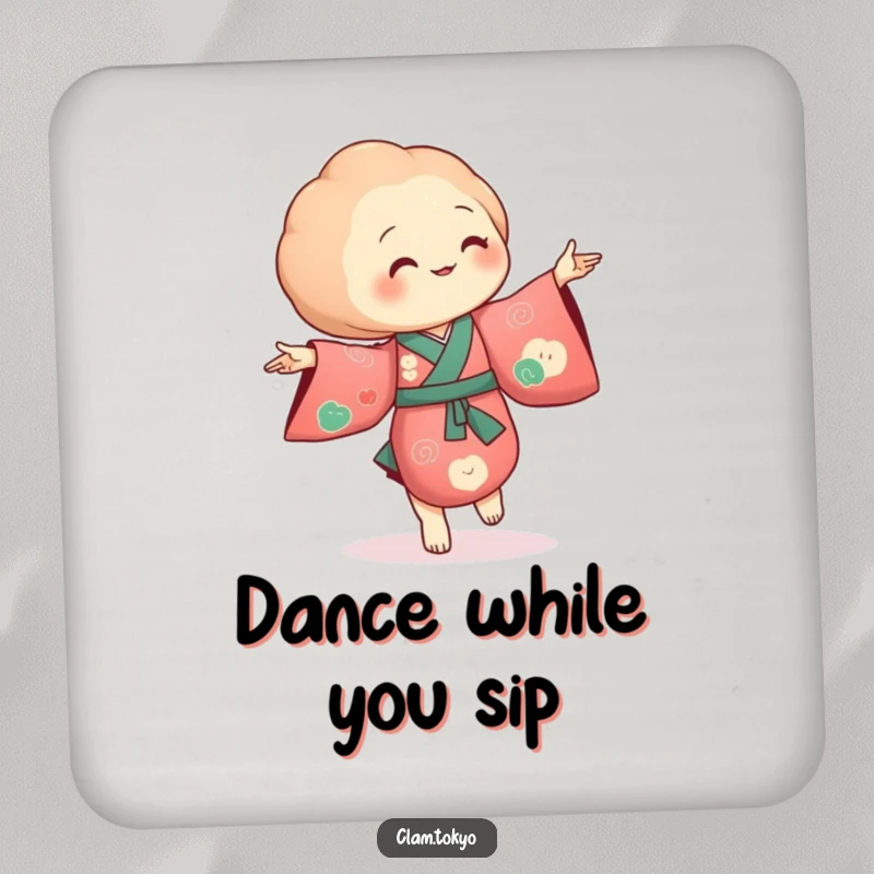 Funny Coaster showcasing a clam in a richly colored kimono, dancing with tiny, flowing movements.