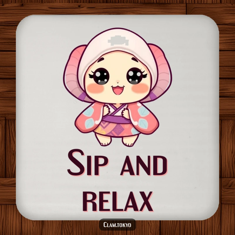 Funny Coaster showcasing a small clam in a vibrant, patterned kimono with wide, happy, playful eyes.