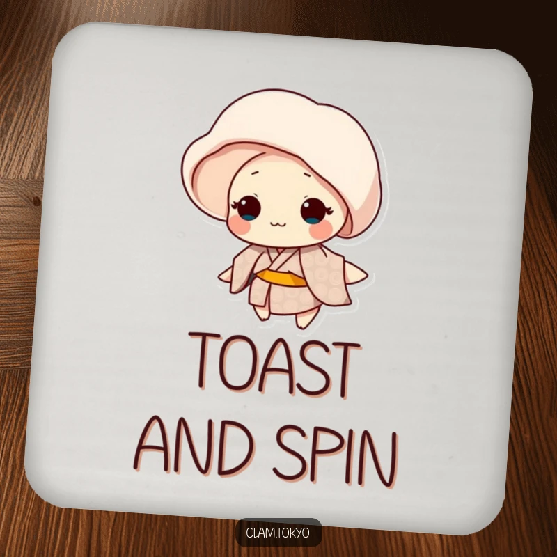 Funny clam in a patterned kimono gently spinning on a drink coaster, elegant and protective.