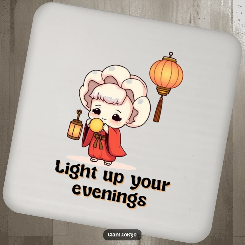 Funny Coaster featuring a serene clam in a red kimono holding a lantern, adding a touch of peaceful humor and protection.