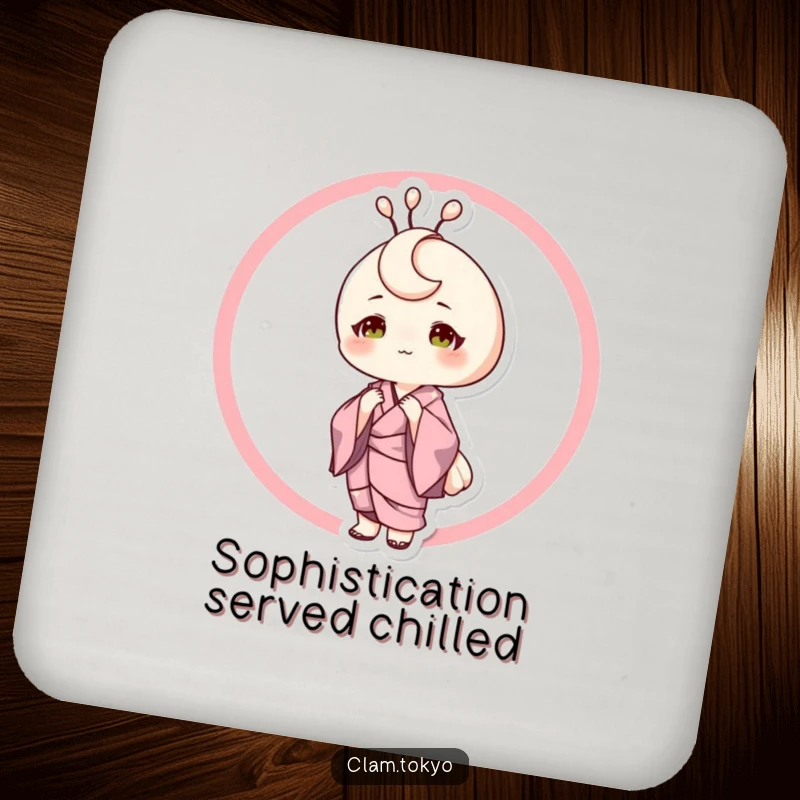 Funny Drink Coaster with a sophisticated clam character in a silk kimono, posing elegantly, protecting surfaces with chic, humorous artwork.