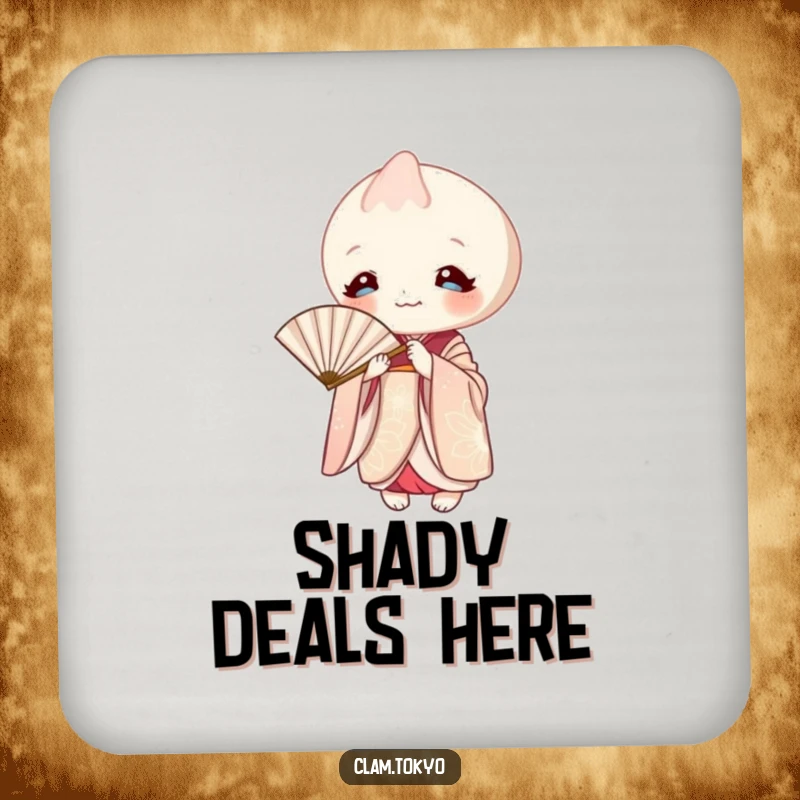 Funny Coaster showcasing a clam in an elegant kimono, playfully peeking from behind a paper fan.