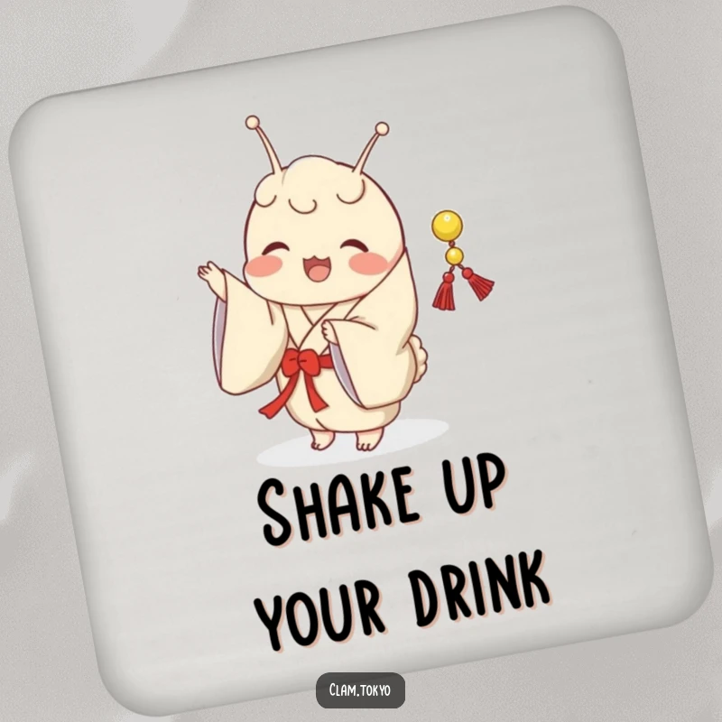 Funny Coaster showcasing a clam in a classic kimono, joyfully shaking a small, decorative string.