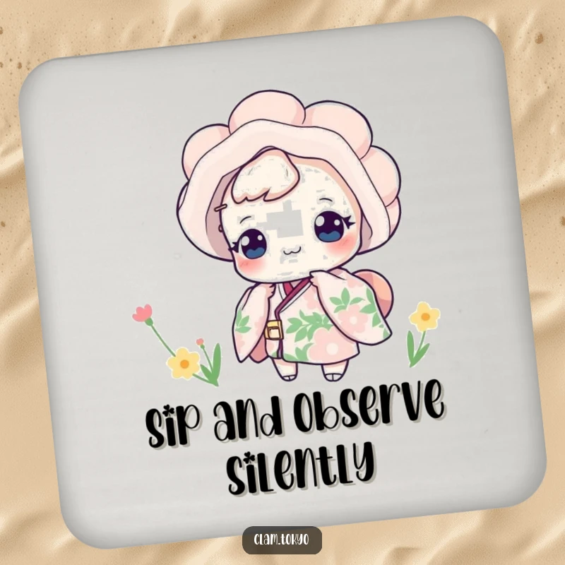 Funny Coaster featuring a clam in a floral kimono playfully peeking, offering protection with a humorous and decorative touch for any surface.