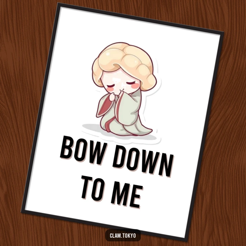 Funny Poster depicting an elegant clam in a flowing kimono, gracefully bowing its shell with poise.