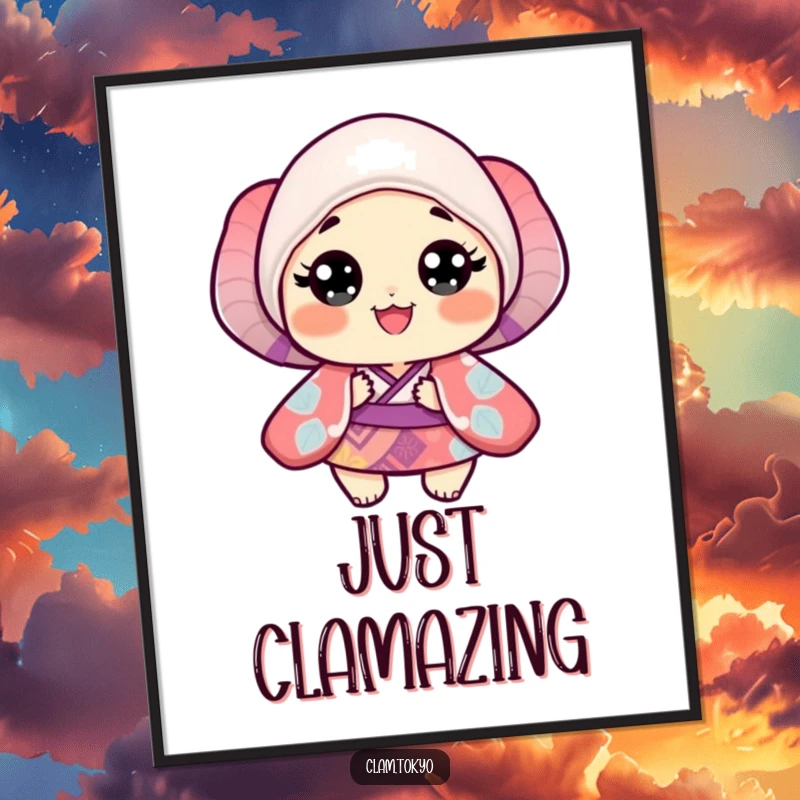 Funny Poster featuring a small, happy clam wearing a colorful, patterned kimono with wide, joyful eyes.