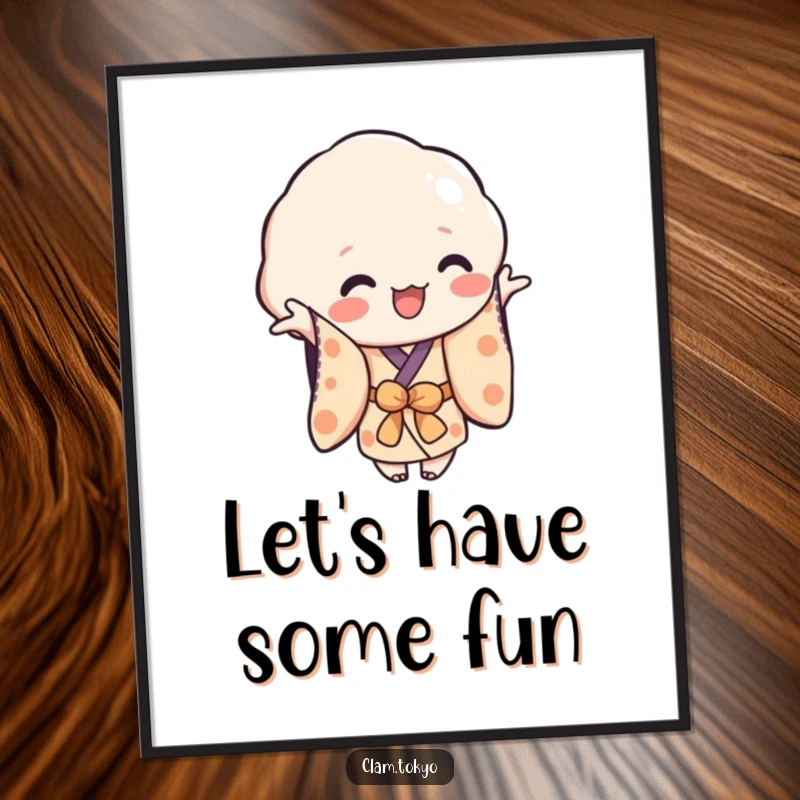 Funny Poster of a playful clam character in a simplified kimono, reaching out, bringing cheerful and humorous vibes to wall decor.