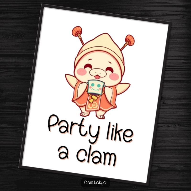 Funny Poster of a joyful clam character in festive attire with a mask, bringing vibrant energy and celebration vibes to wall decor.