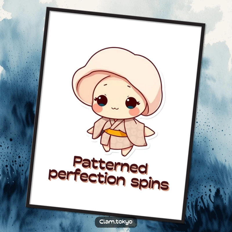 Funny clam character in a patterned kimono gently spinning, elegant dancer wall art.