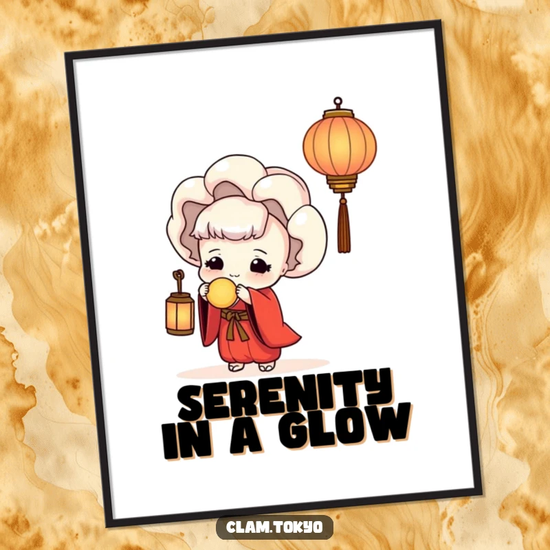 Funny Poster art of a clam in a red kimono serenely holding a lantern, creating a peaceful and humorous visual for any room.