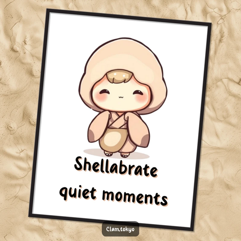 Funny Poster featuring a shy clam character in a muted kimono, peeking out, adding a humorous and shy aesthetic to wall decor.
