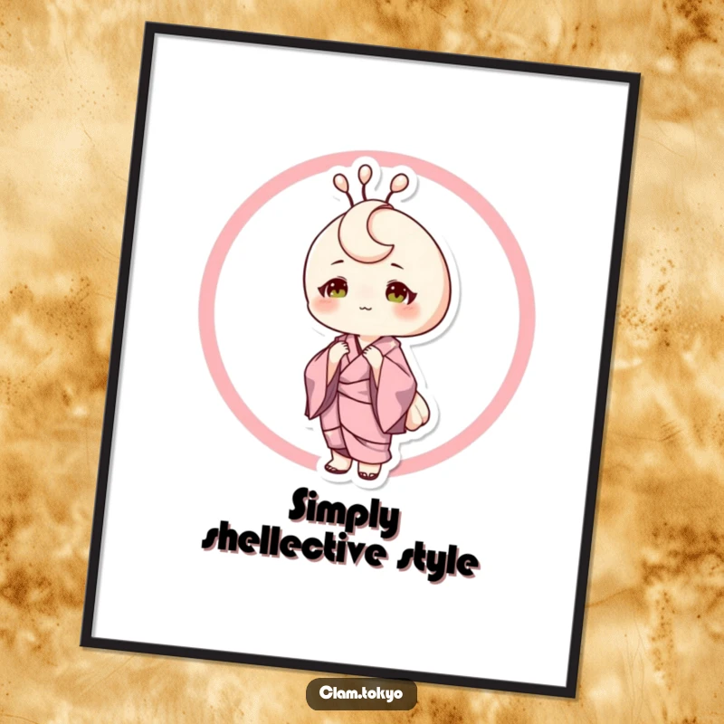 Funny Poster of a sophisticated clam character in a silk kimono, posing elegantly, bringing a touch of refined humor to wall decor.